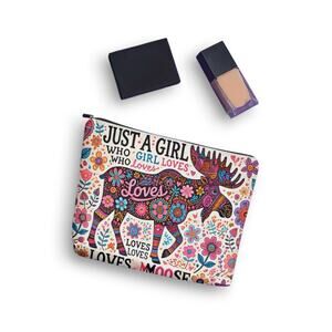 Just a Girl Who Loves Moose – Linen Cosmetic Bag, Zippered Makeup Pouch